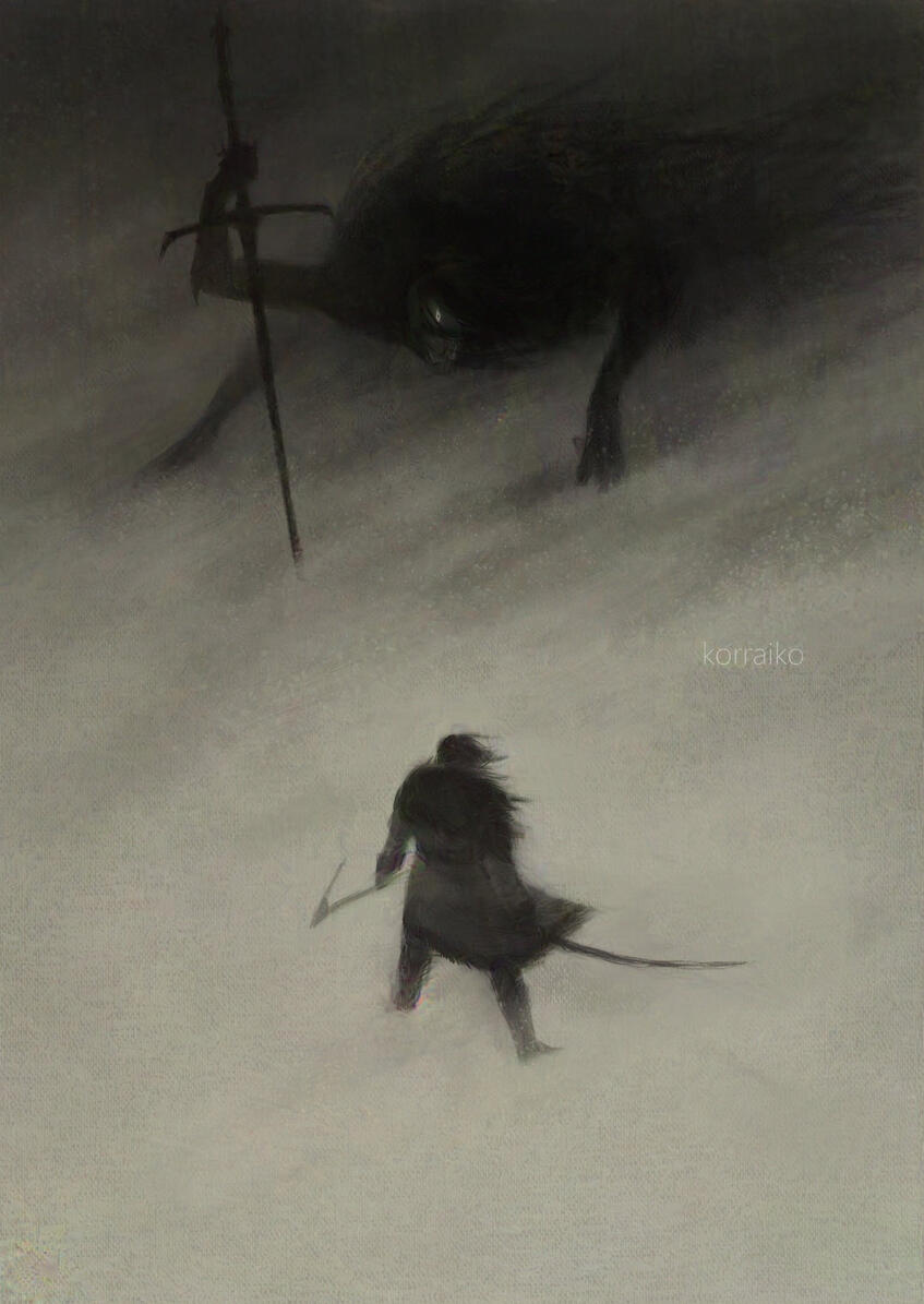 Black and white digital illustration. The illustration depicts a warrior in a fur coat, holding a sword and a pickaxe in his hands, opposite the warrior stands a large humanoid monster with a large sword. The scene takes place in a snowstorm