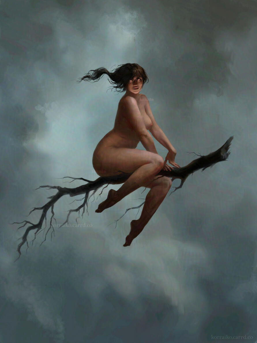 Digital painting of a naked young woman. She is floating in the air, sitting on her broomstick. Behind the young woman are grey clouds