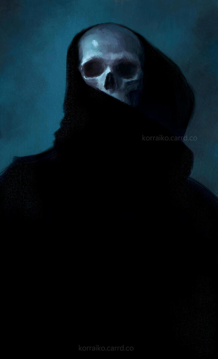 The illustration shows a human skull covered by a black veil