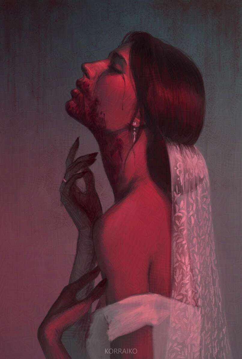 The digital illustration shows a woman in a wedding dress, her mouth and neck covered in blood