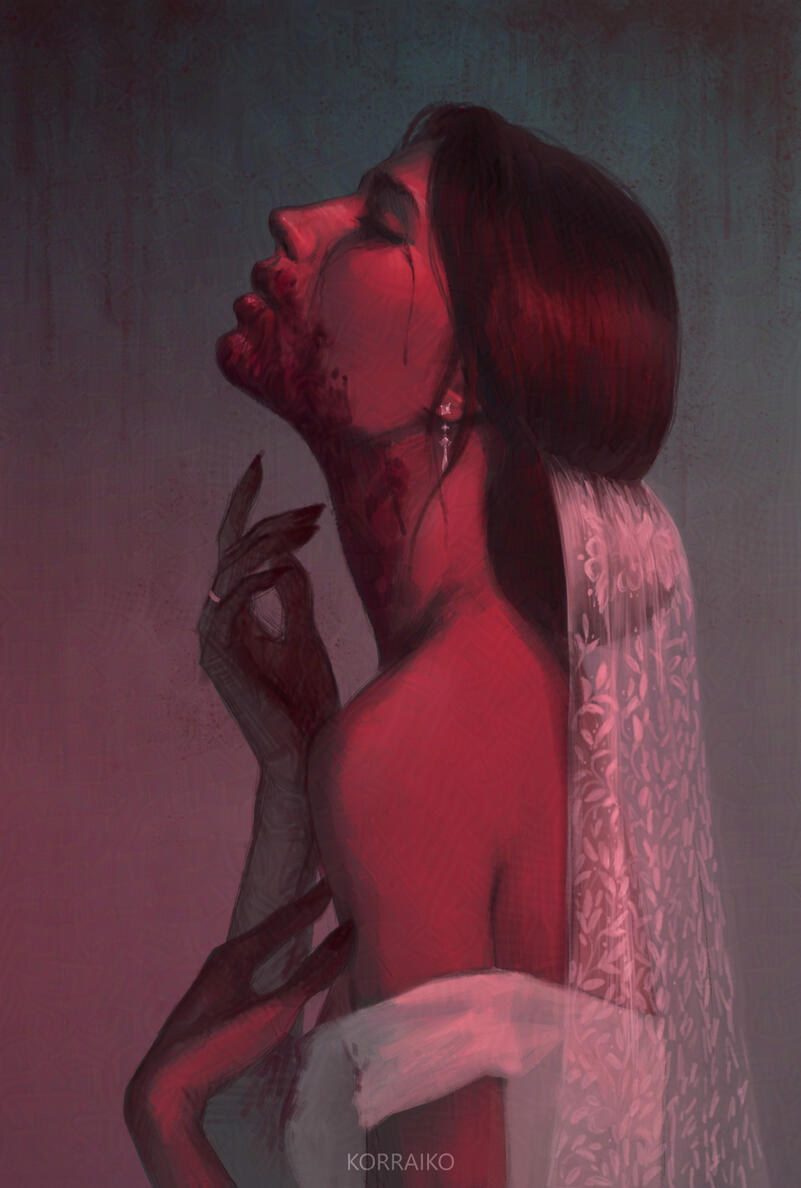 The digital illustration shows a woman in a wedding dress, her mouth and neck covered in blood