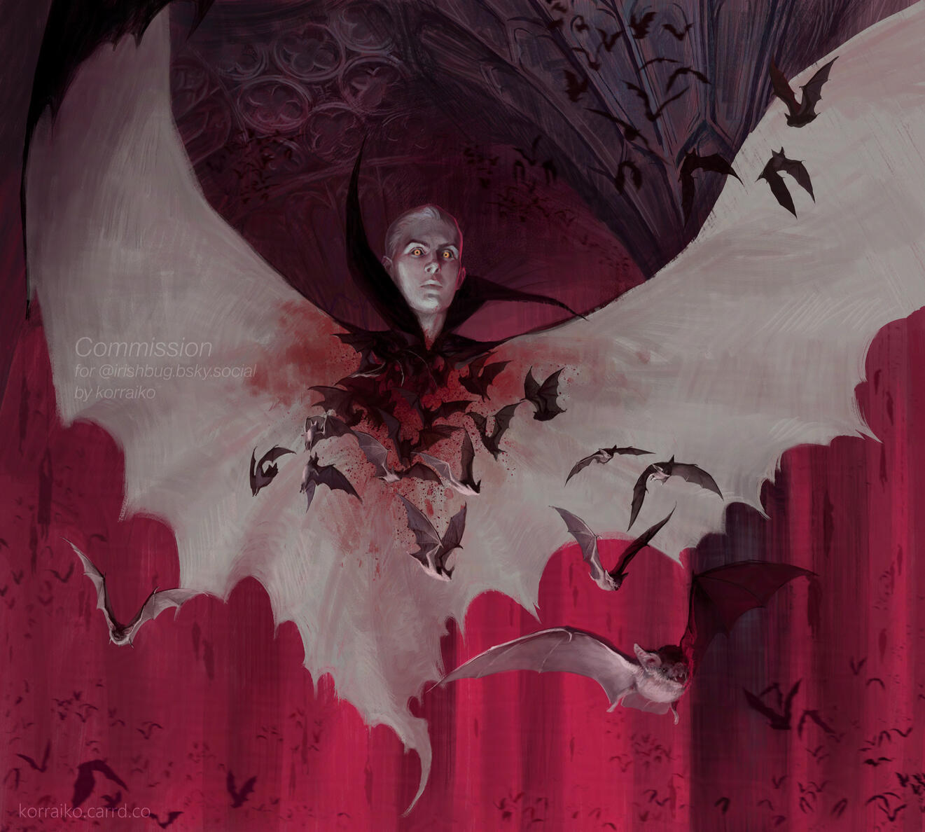 Digital illustration of a male vampire's head, with pale skin and burning eyes. Bats fly around the vampire. In the background is a large hall with columns and a swarm of bats