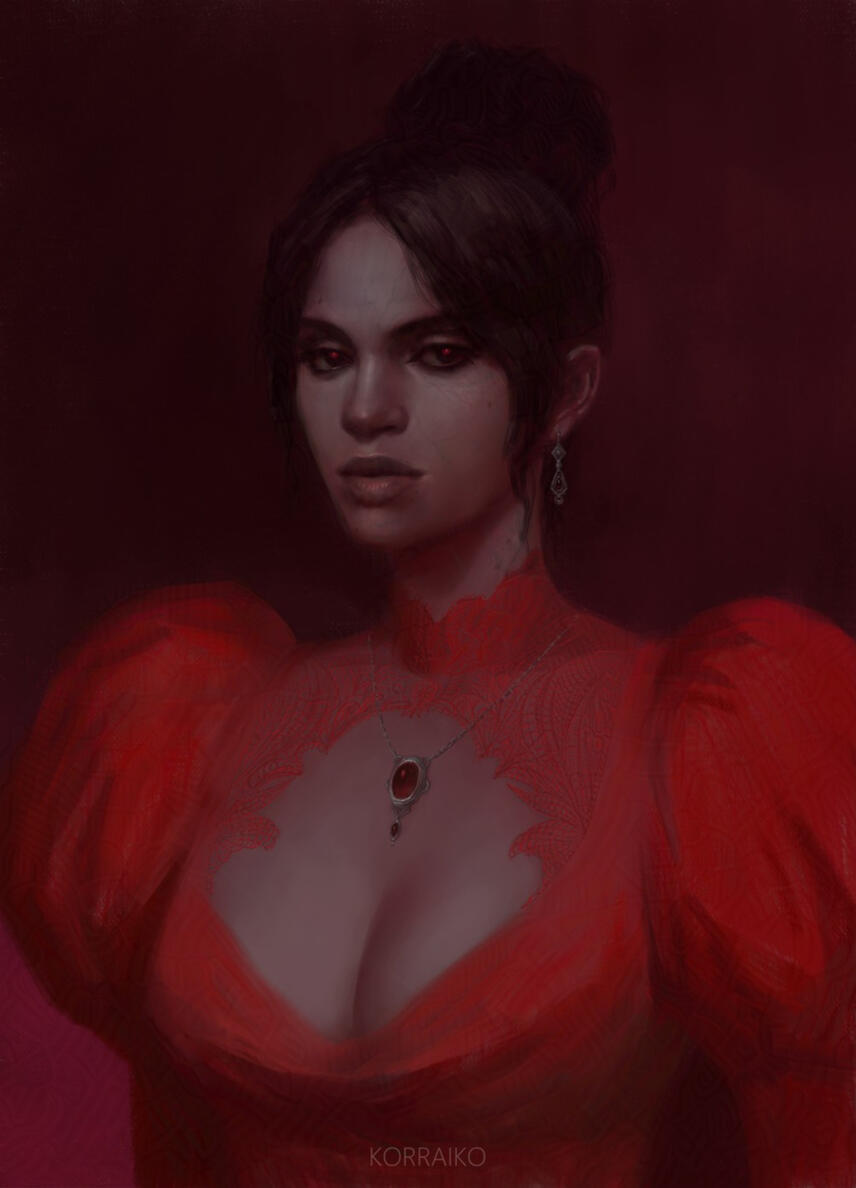 Digital portrait of a female vampire, she looks at the viewer with a mesmerizing look. She has dark hair tied in a bun, a red glow coming from her eyes, veins under the skin are visible on the left side of her face under her left eye. She is wearing a red