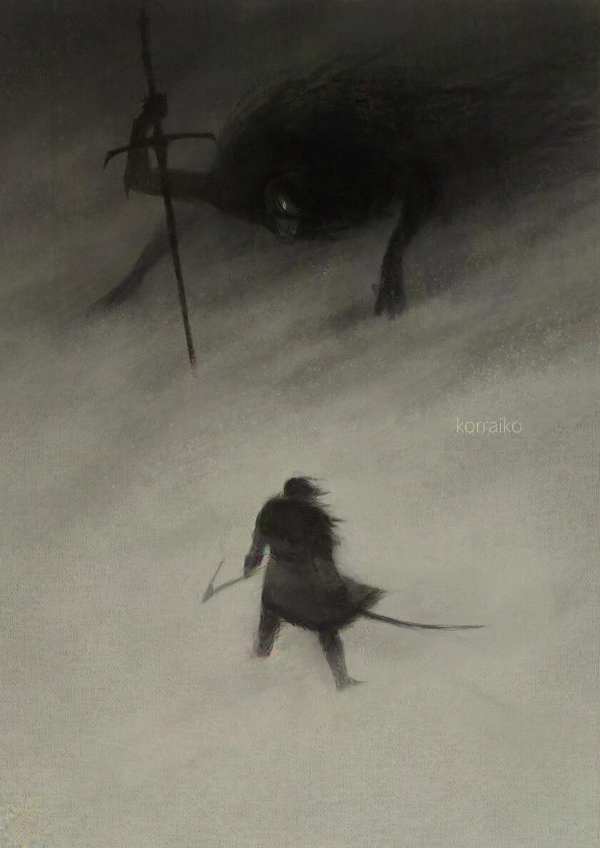 Black and white digital illustration. The illustration depicts a warrior in a fur coat, holding a sword and a pickaxe in his hands, opposite the warrior stands a large humanoid monster with a large sword. The scene takes place in a snowstorm