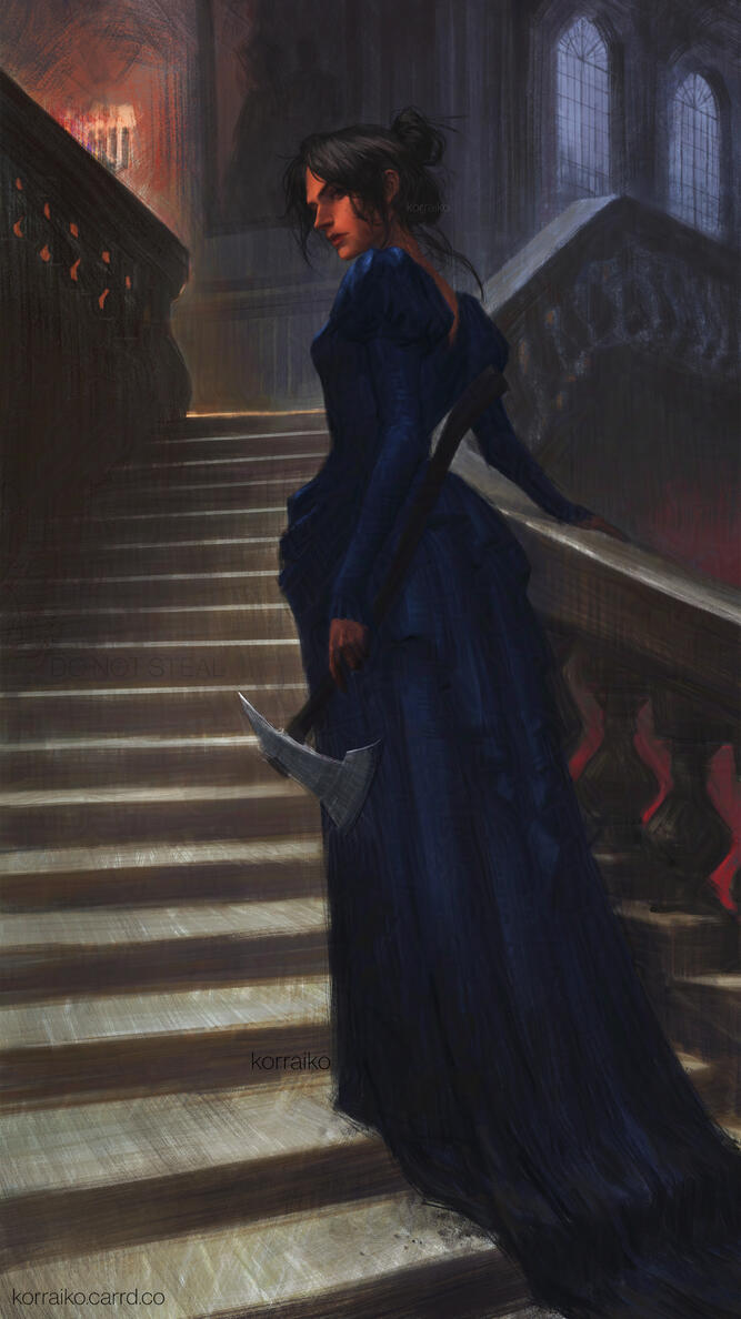The digital illustration shows a woman with dark long hair, gathered in a messy bun, she is wearing a dark blue dress, in her left hand she is holding an axe. Behind the woman is a stone staircase, which she is climbing. In the upper right corner are large