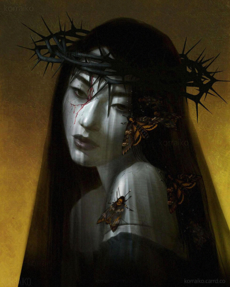 The digital portrait shows a woman with pale skin and dark long hair, she looks like a doll, her face cracked and bleeding. She is wearing a black veil and has a crown of thorns on her head. Near the woman's face and on her right shoulder sit several moths