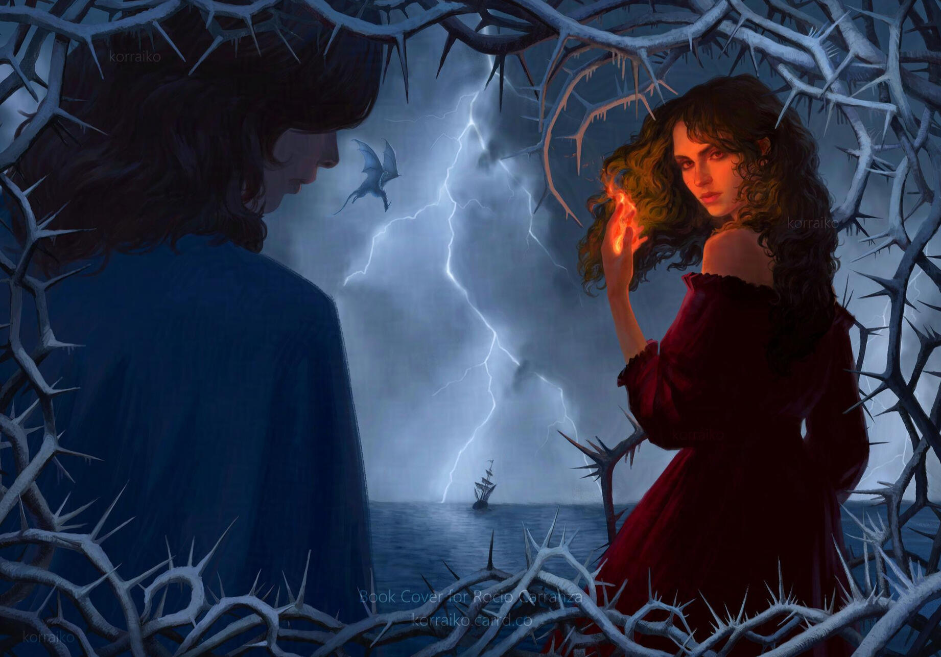 The digital illustration shows two young women standing on either side of the illustration. On the right is a young woman with long, wavy hair, wearing a burgundy dress, with a flame emanating from her left hand. On the other side of the illustration is an