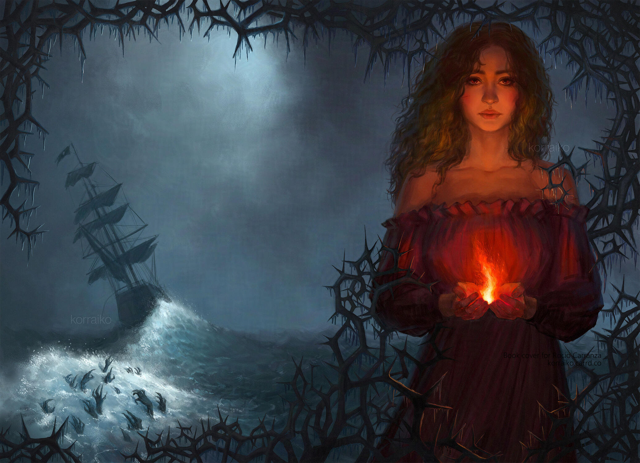 Digital illustration for Rocio Carranza's FLAME IN THE SILVER STORM (2025) The illustration depicts a young woman with wavy hair, wearing a red dress, holding a flame in her hands. Blackthorns are twined around the woman. The background behind the woman is