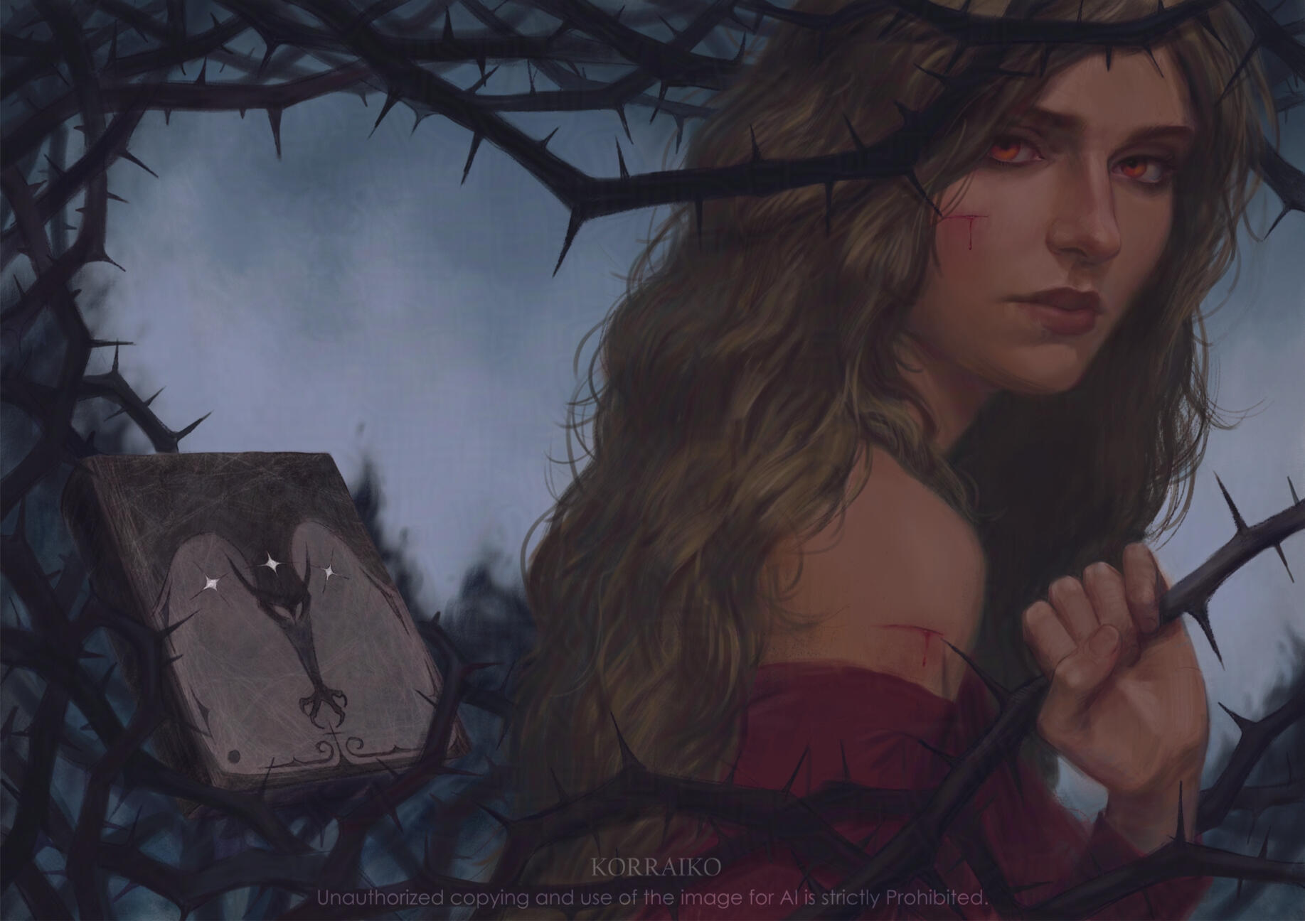 The illustration shows a woman surrounded by sharp branches of blackthorn bushes and to the left of her is a book, sharp branches are coming out of the book. The woman has reddish-orange eyes and light brown hair, her hair is long and wavy, from the sharp